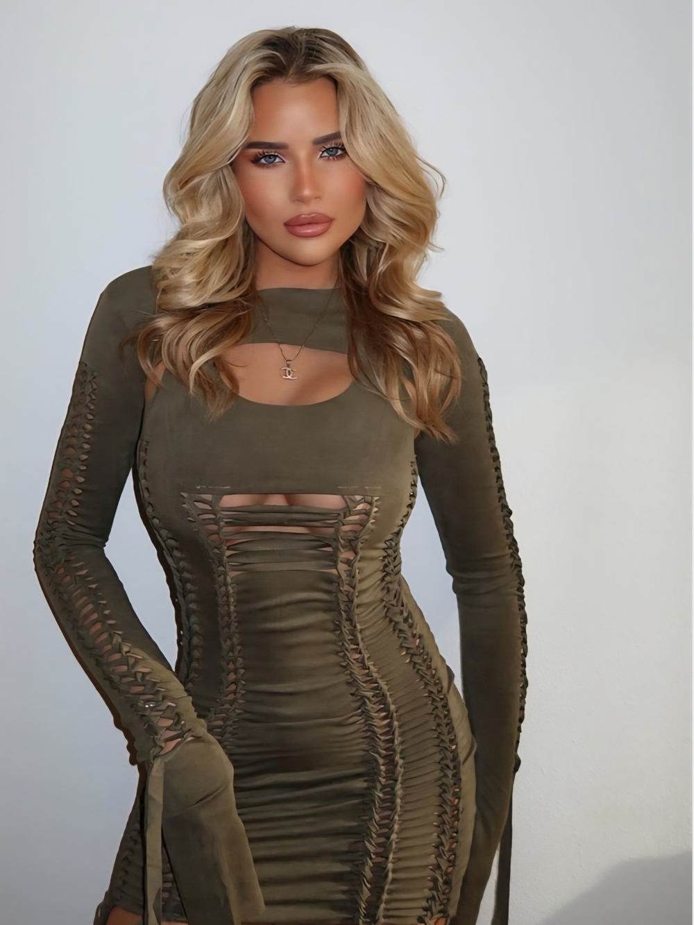 Olive Green Lace-Up Long Sleeve Bodycon Dress